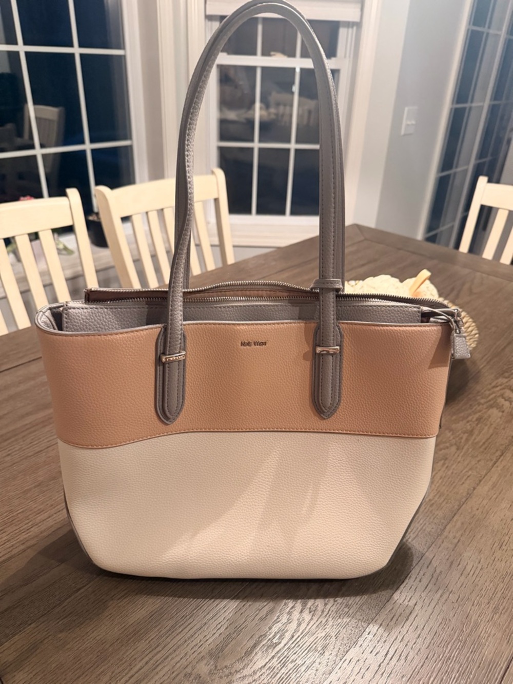 Nine West Two-Tone Peach & Cream Tote with Gray Straps
